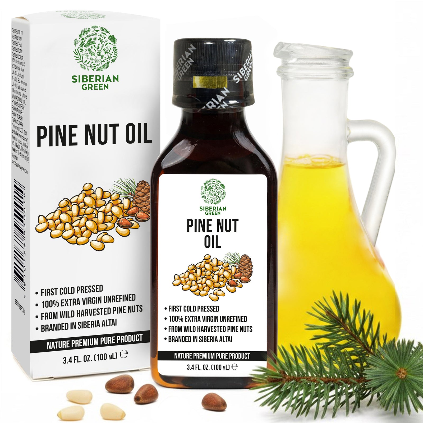 Huile de noix de pin 100 % sibérienne extra vierge première pression à froid Premium 100 ml 3,4 oz