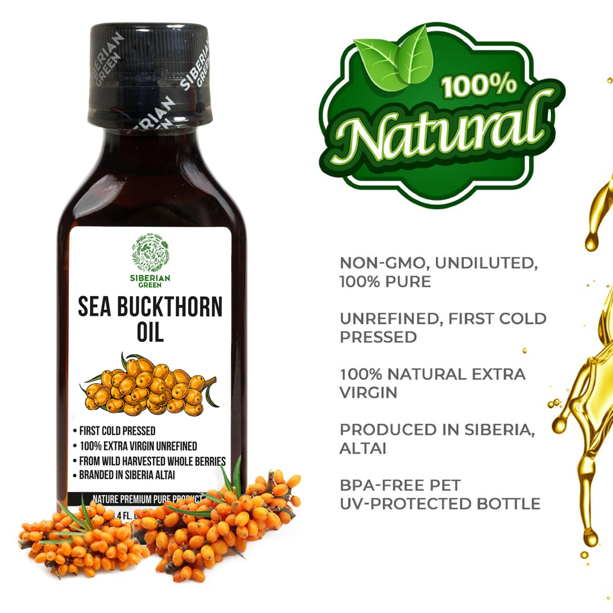 Huile d'argousier 100 % sibérienne extra vierge première pression à froid Premium 100 ml 3,4 oz