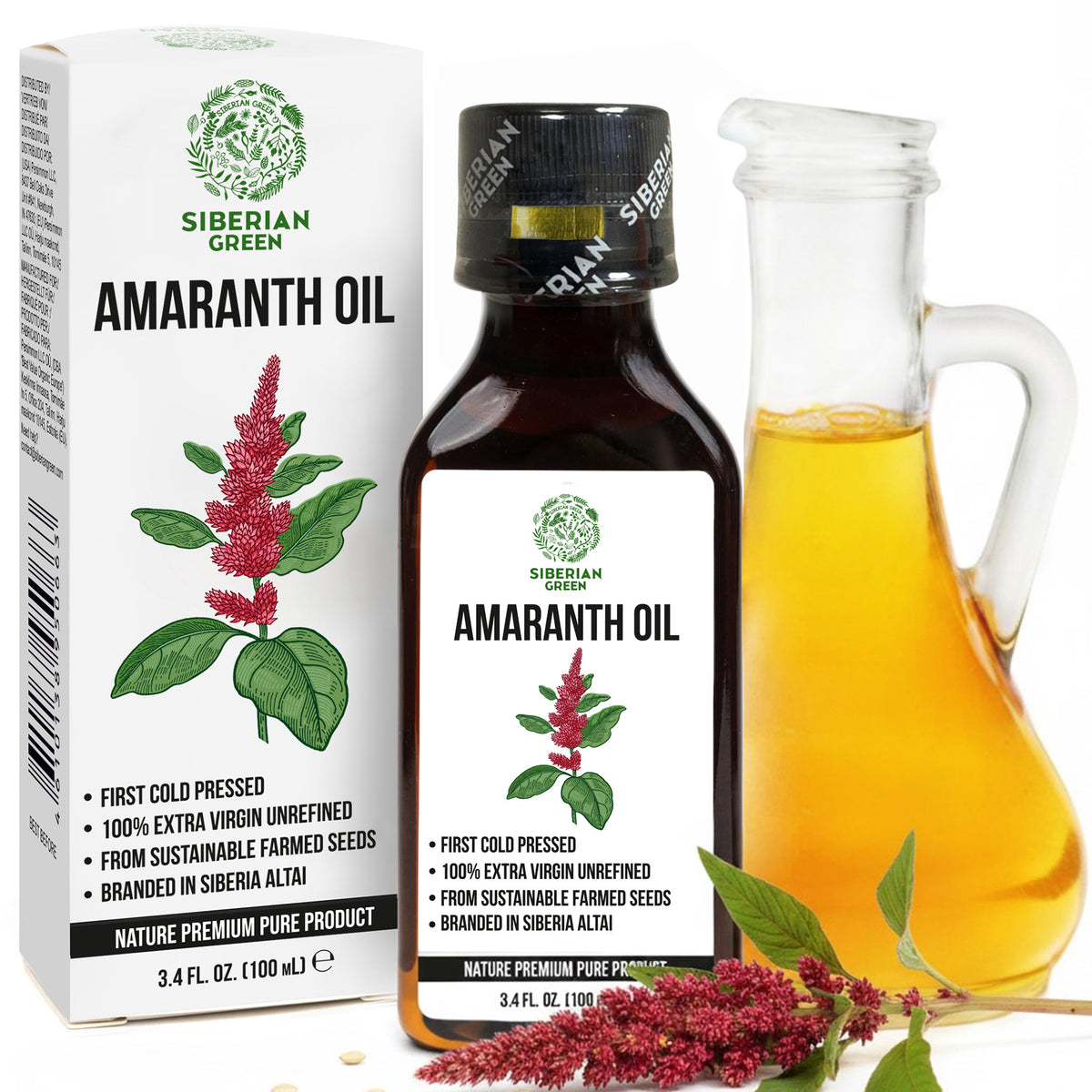 Huile d'amarante de Sibérie | Extra Vierge Pressée à Froid 100 ml / 3,4 fl oz | Squalène Premium