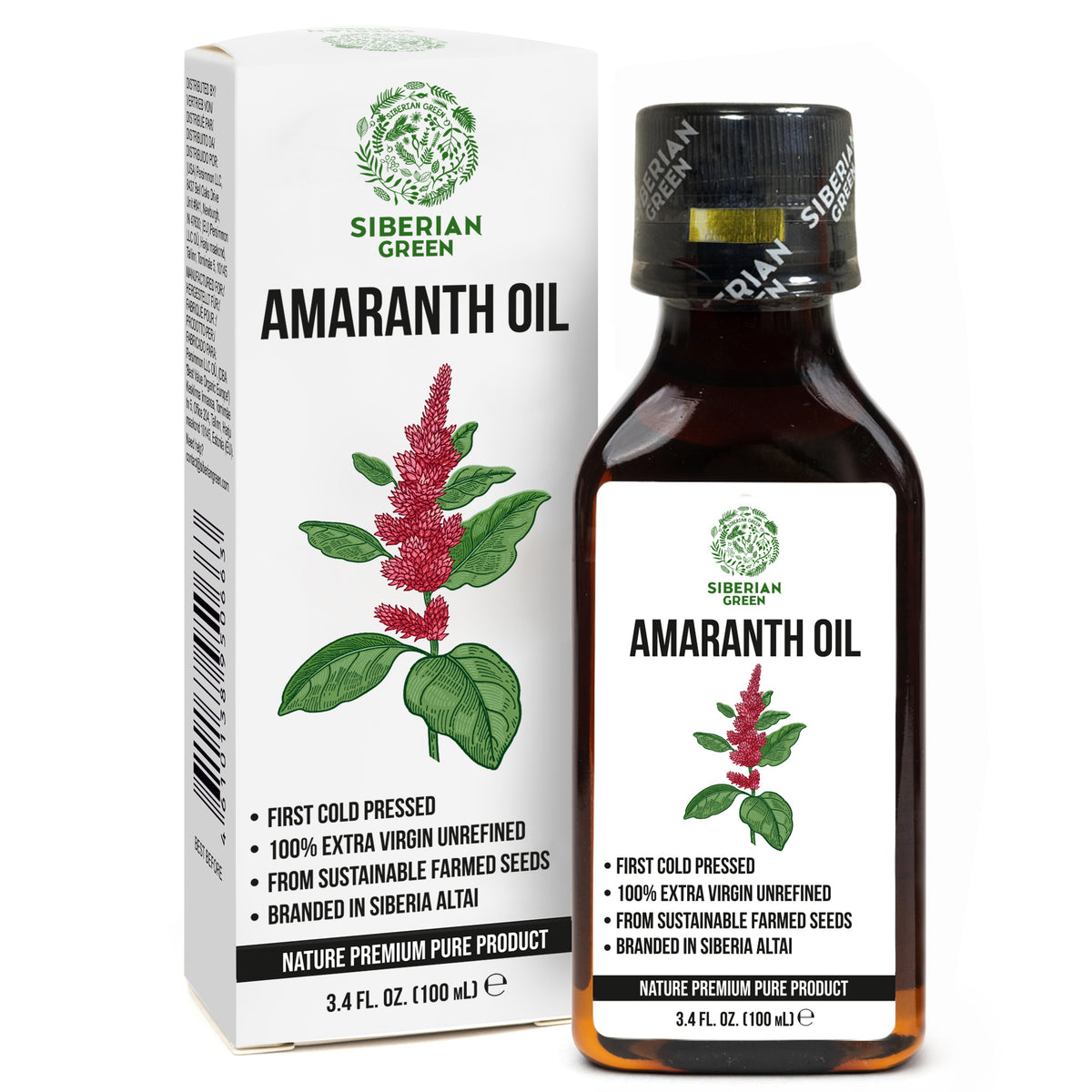 Huile d'amarante de Sibérie | Extra Vierge Pressée à Froid 100 ml / 3,4 fl oz | Squalène Premium