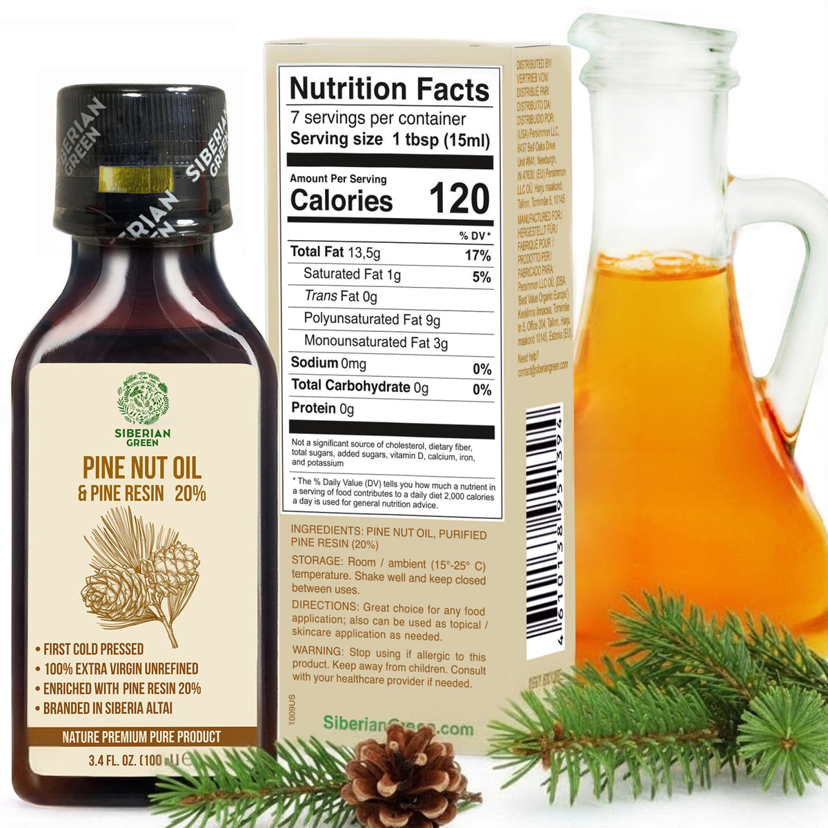 Siberian Pine Nut Oil with Pine Cedar Resin Pure Natural 100% Extra Virgin Cold Pressed 100 ml / 3.4 fl oz