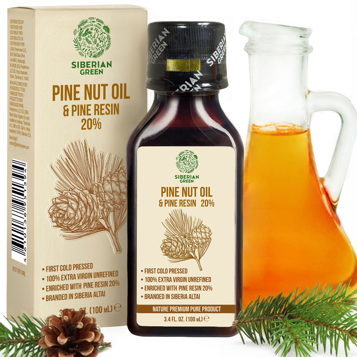 Siberian Pine Nut Oil with Pine Cedar Resin Pure Natural 100% Extra Virgin Cold Pressed 100 ml / 3.4 fl oz
