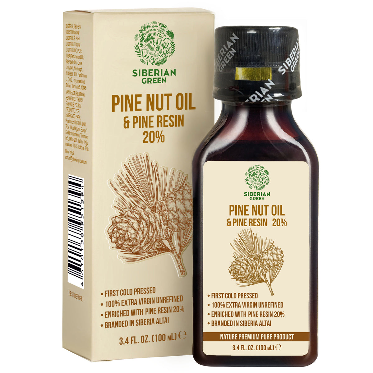 Siberian Pine Nut Oil with Pine Cedar Resin Pure Natural 100% Extra Virgin Cold Pressed 100 ml / 3.4 fl oz