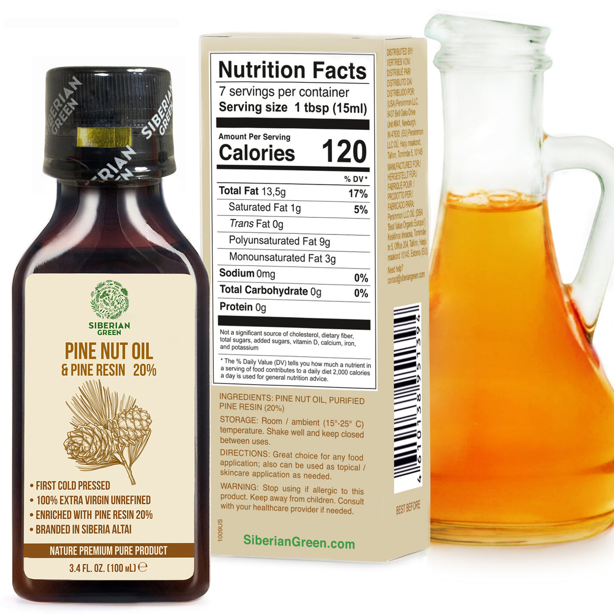 Huile de noix de pin de Sibérie avec résine de pin et de cèdre Pure naturelle 100 % extra vierge pressée à froid 100 ml / 3,4 fl oz 