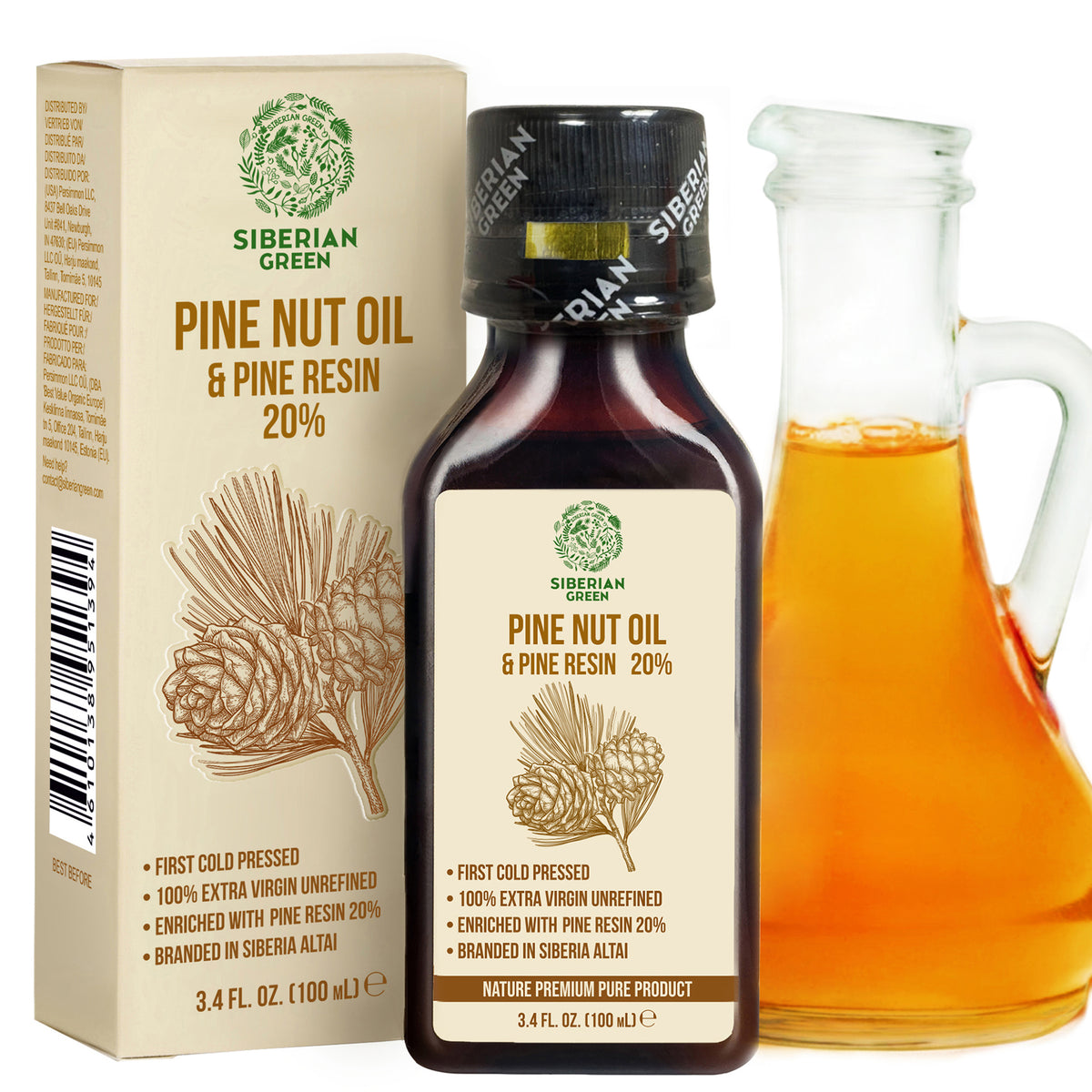 Huile de noix de pin de Sibérie avec résine de pin et de cèdre Pure naturelle 100 % extra vierge pressée à froid 100 ml / 3,4 fl oz 