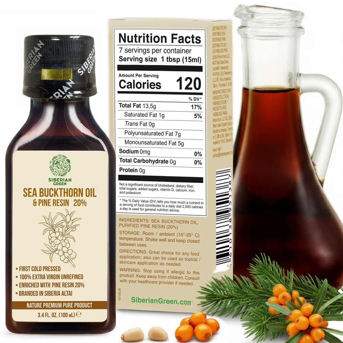 Siberian Sea Buckthorn Oil with Pine Cedar Resin Pure Natural 100% Extra Virgin Cold Pressed 100 ml / 3.4 fl oz
