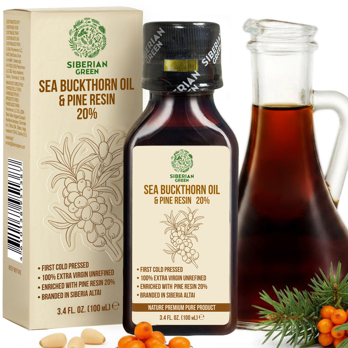 Siberian Sea Buckthorn Oil with Pine Cedar Resin Pure Natural 100% Extra Virgin Cold Pressed 100 ml / 3.4 fl oz