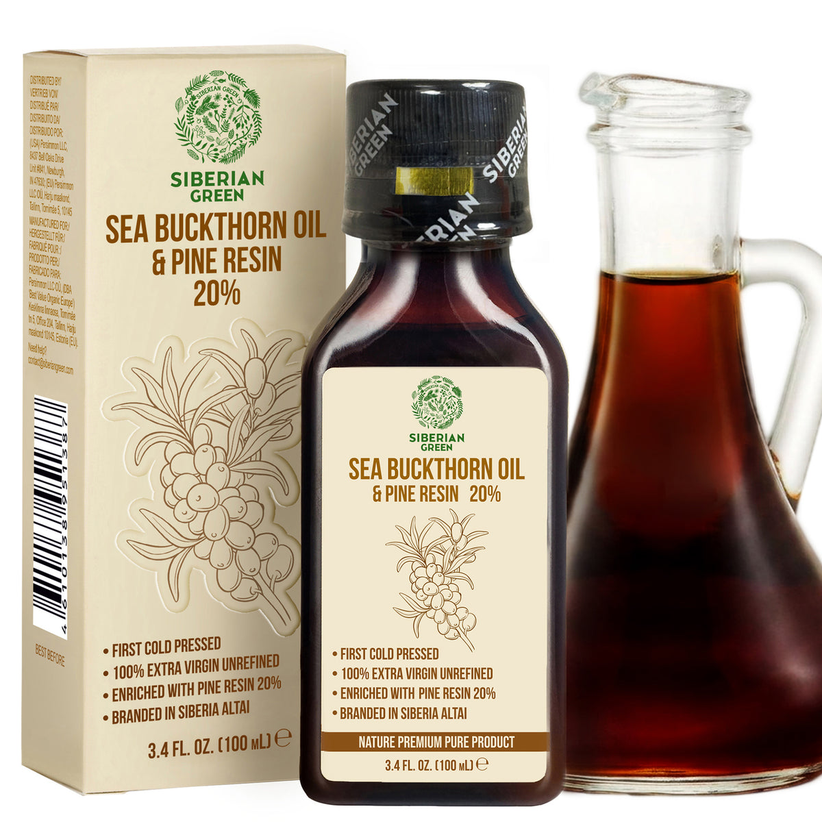 Huile d'argousier de Sibérie avec résine de pin et de cèdre Pure naturelle 100 % extra vierge pressée à froid 100 ml / 3,4 fl oz 
