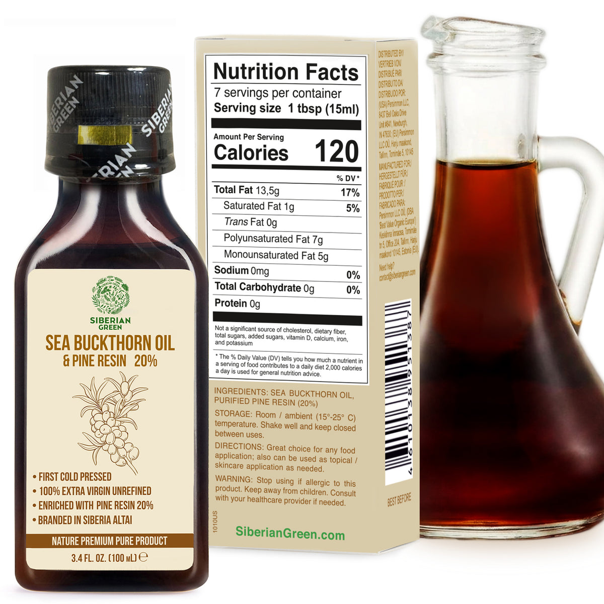 Huile d'argousier de Sibérie avec résine de pin et de cèdre Pure naturelle 100 % extra vierge pressée à froid 100 ml / 3,4 fl oz 