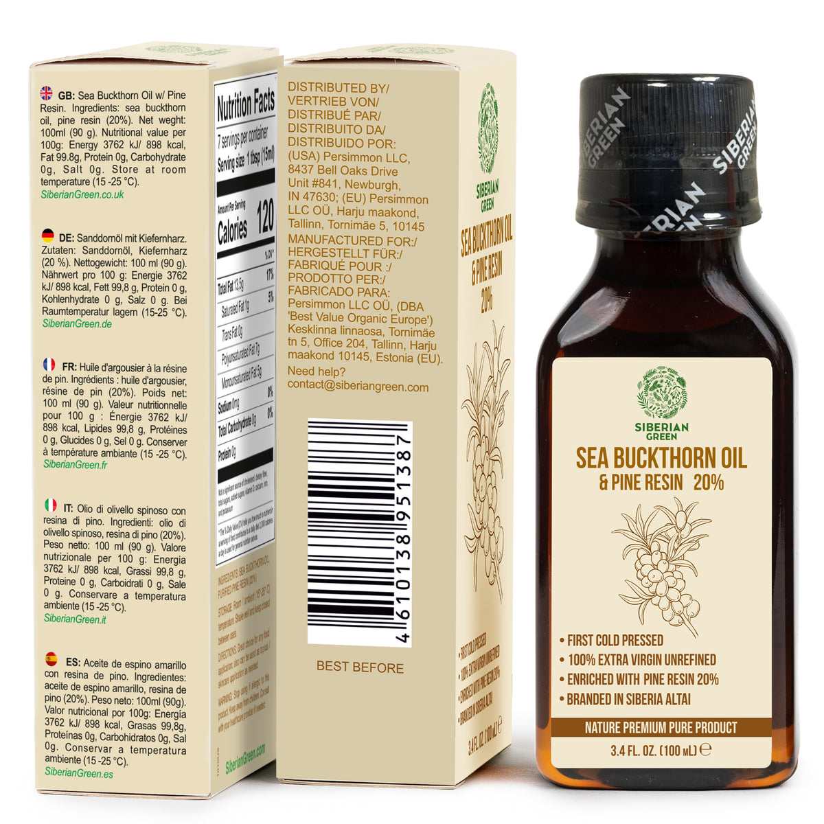 Huile d'argousier de Sibérie avec résine de pin et de cèdre Pure naturelle 100 % extra vierge pressée à froid 100 ml / 3,4 fl oz 
