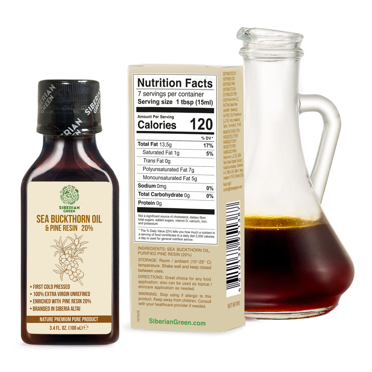 Huile d'argousier de Sibérie avec résine de pin et de cèdre Pure naturelle 100 % extra vierge pressée à froid 100 ml / 3,4 fl oz 