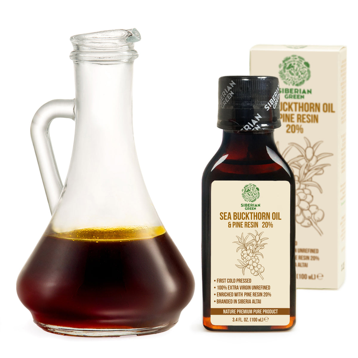 Huile d'argousier de Sibérie avec résine de pin et de cèdre Pure naturelle 100 % extra vierge pressée à froid 100 ml / 3,4 fl oz 