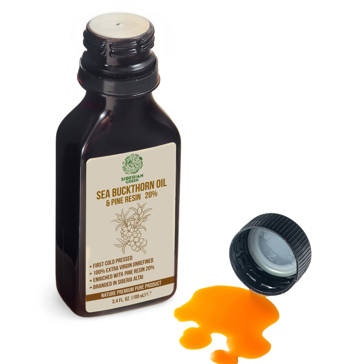 Huile d'argousier de Sibérie avec résine de pin et de cèdre Pure naturelle 100 % extra vierge pressée à froid 100 ml / 3,4 fl oz 