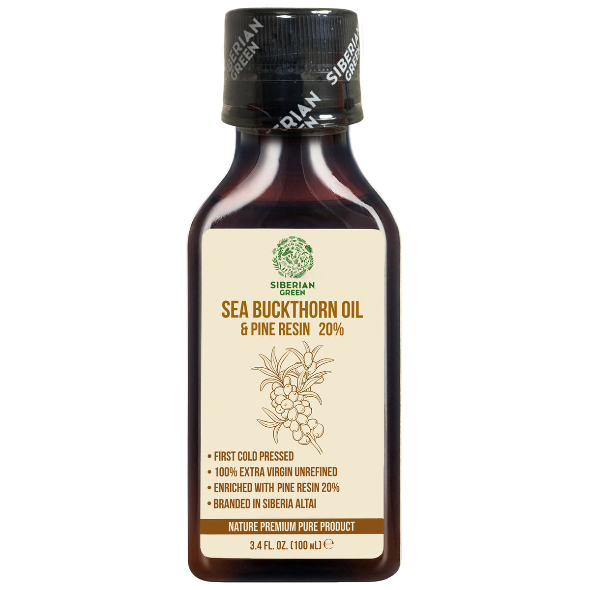 Huile d'argousier de Sibérie avec résine de pin et de cèdre Pure naturelle 100 % extra vierge pressée à froid 100 ml / 3,4 fl oz 