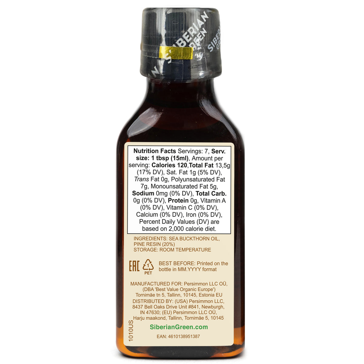 Huile d'argousier de Sibérie avec résine de pin et de cèdre Pure naturelle 100 % extra vierge pressée à froid 100 ml / 3,4 fl oz 