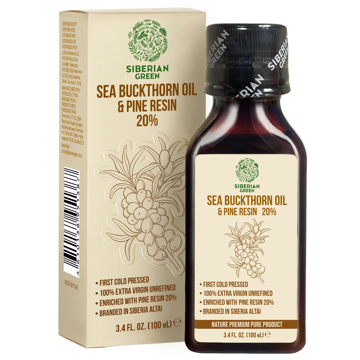 Huile d'argousier de Sibérie avec résine de pin et de cèdre Pure naturelle 100 % extra vierge pressée à froid 100 ml / 3,4 fl oz 