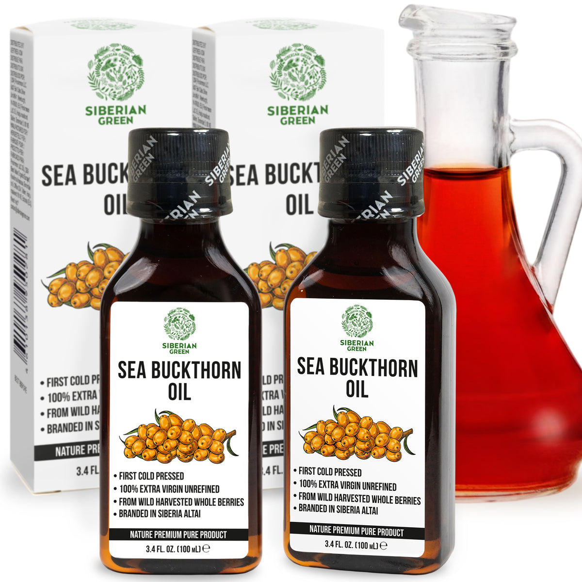 Lot de 2 x 100 ml d'huile d'argousier 100 % sibérienne extra vierge pressée à froid non raffinée