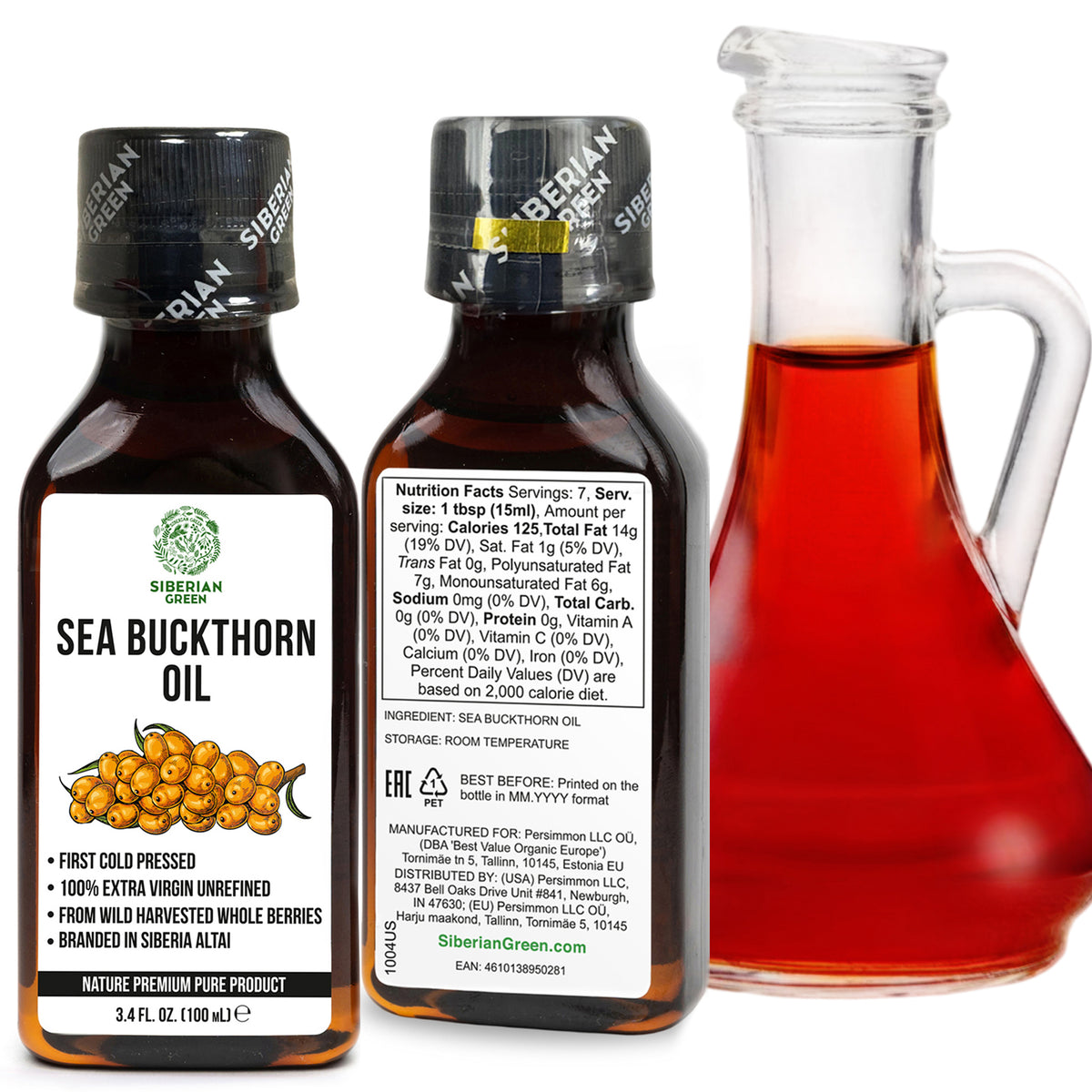 Lot de 2 x 100 ml d'huile d'argousier 100 % sibérienne extra vierge pressée à froid non raffinée
