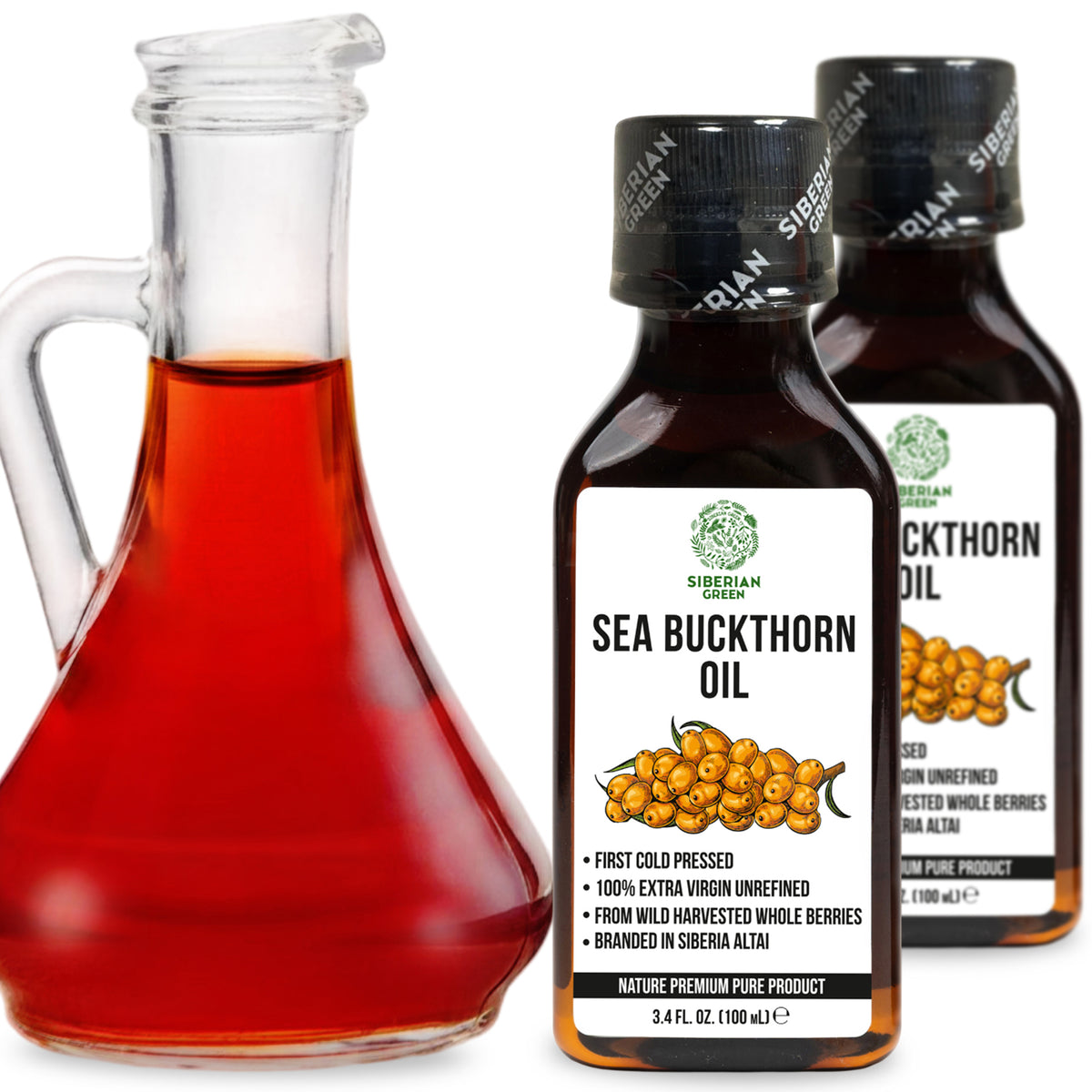 Lot de 2 x 100 ml d'huile d'argousier 100 % sibérienne extra vierge pressée à froid non raffinée
