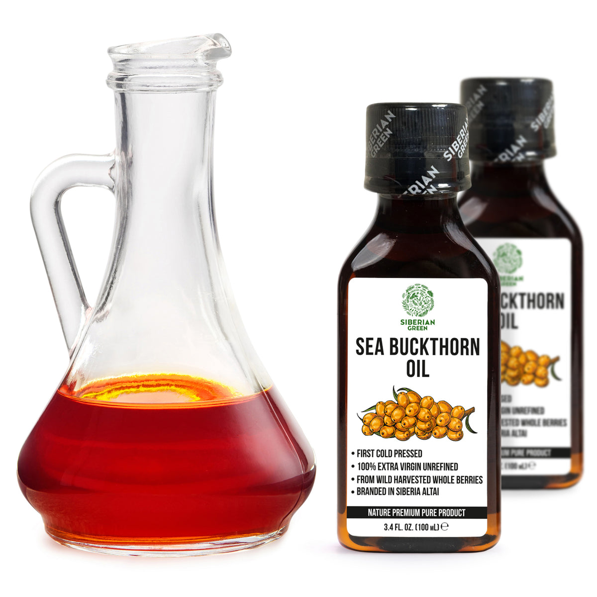 Lot de 2 x 100 ml d'huile d'argousier 100 % sibérienne extra vierge pressée à froid non raffinée