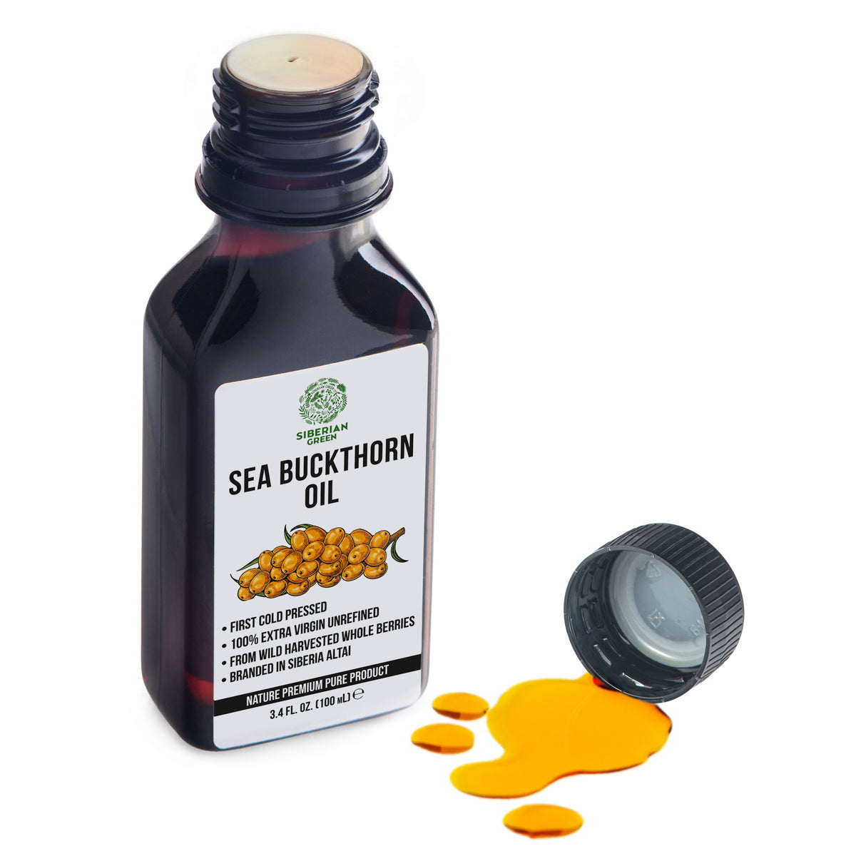 Lot de 2 x 100 ml d'huile d'argousier 100 % sibérienne extra vierge pressée à froid non raffinée