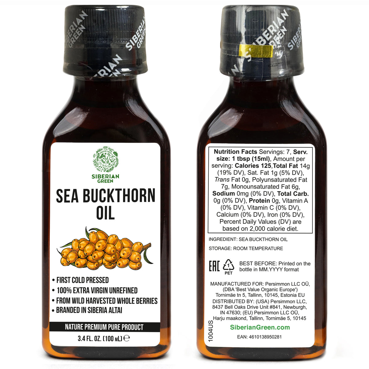 Lot de 2 x 100 ml d'huile d'argousier 100 % sibérienne extra vierge pressée à froid non raffinée