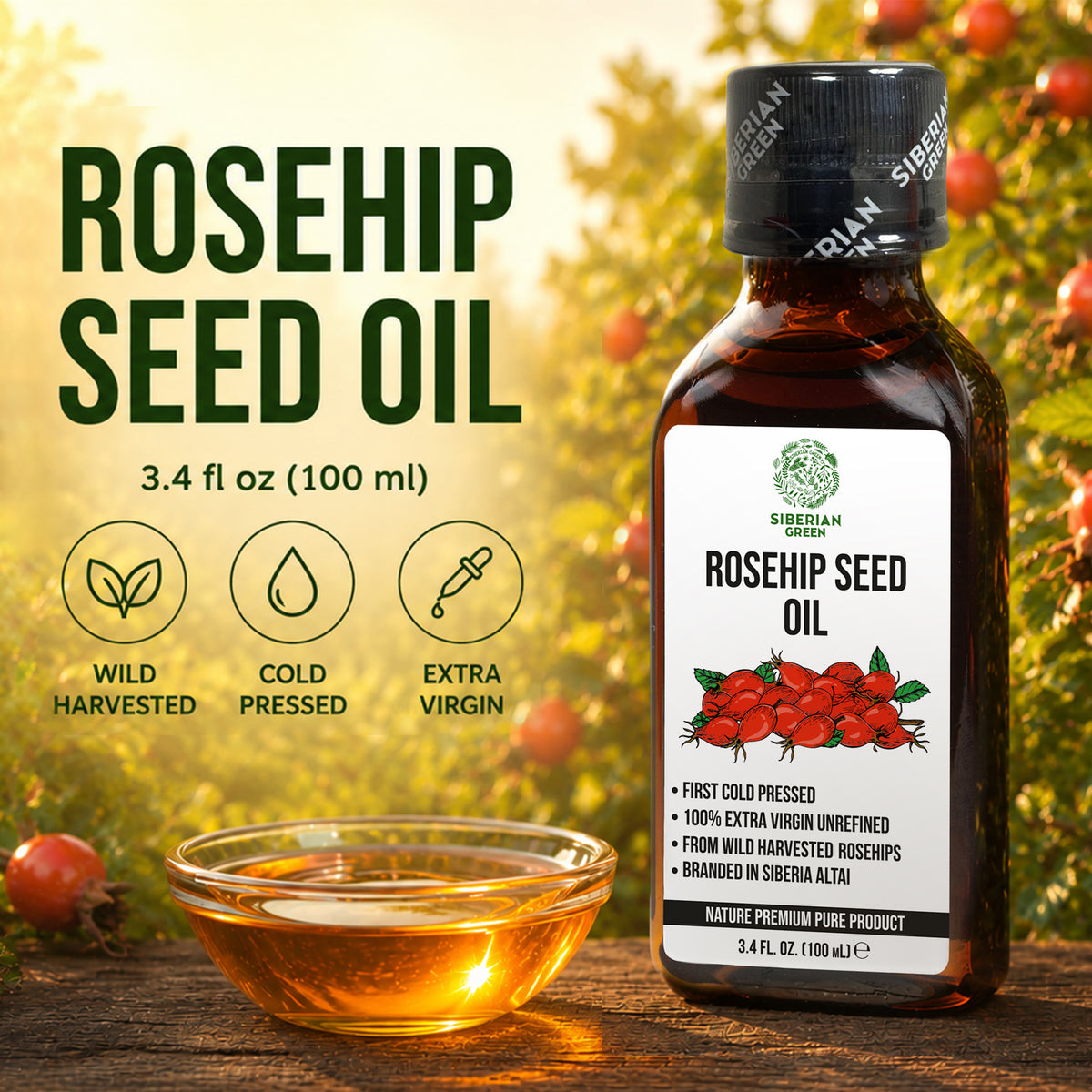 Siberian Green Rosehip Seed Oil 100 ml – Multi-Purpose Botanical Oil