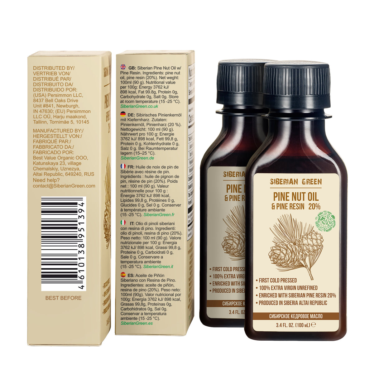 Huile de noix de pin de Sibérie avec résine de pin et de cèdre Pure naturelle 100 % extra vierge pressée à froid 100 ml / 3,4 fl oz 