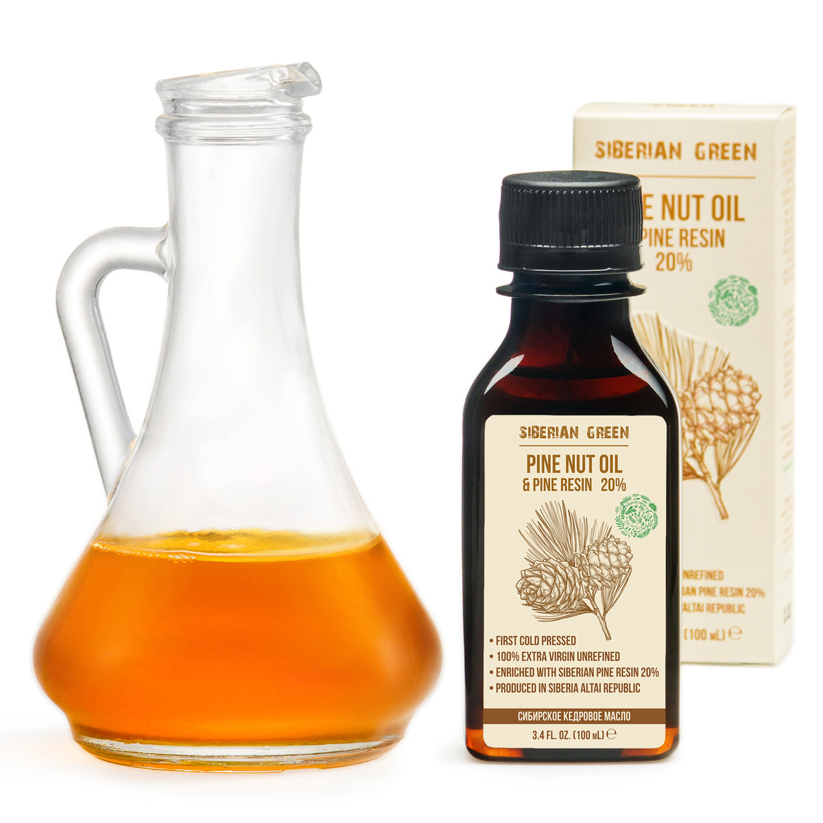 Huile de noix de pin de Sibérie avec résine de pin et de cèdre Pure naturelle 100 % extra vierge pressée à froid 100 ml / 3,4 fl oz 
