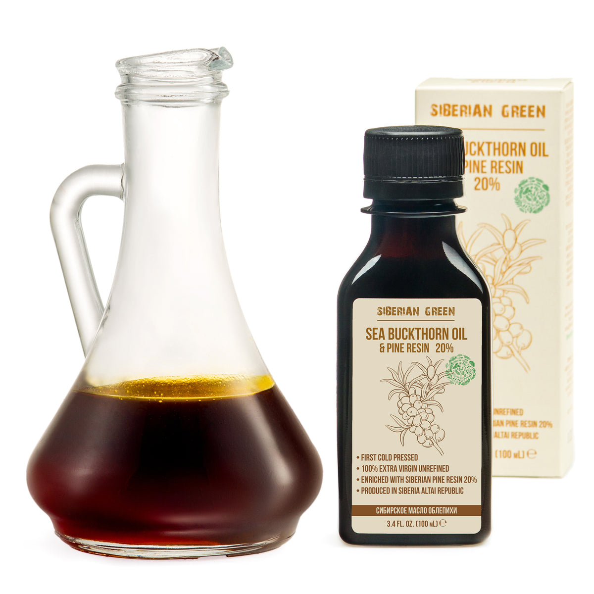Huile d&#39;argousier de Sibérie avec résine de pin et de cèdre Pure naturelle 100 % extra vierge pressée à froid 100 ml / 3,4 fl oz 