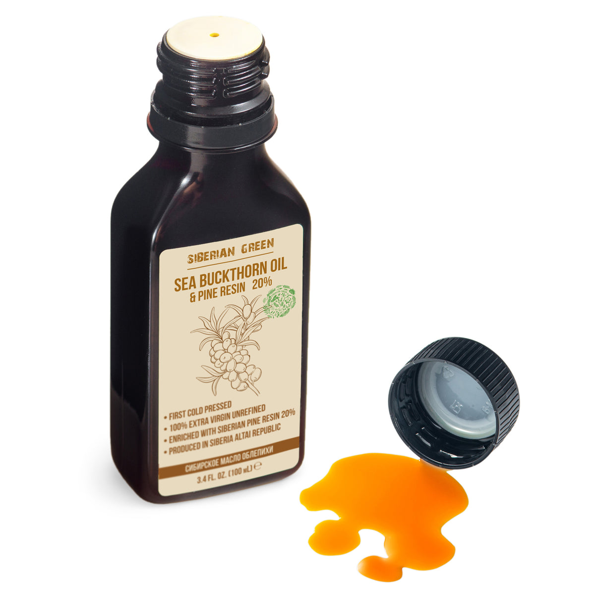 Huile d&#39;argousier de Sibérie avec résine de pin et de cèdre Pure naturelle 100 % extra vierge pressée à froid 100 ml / 3,4 fl oz 