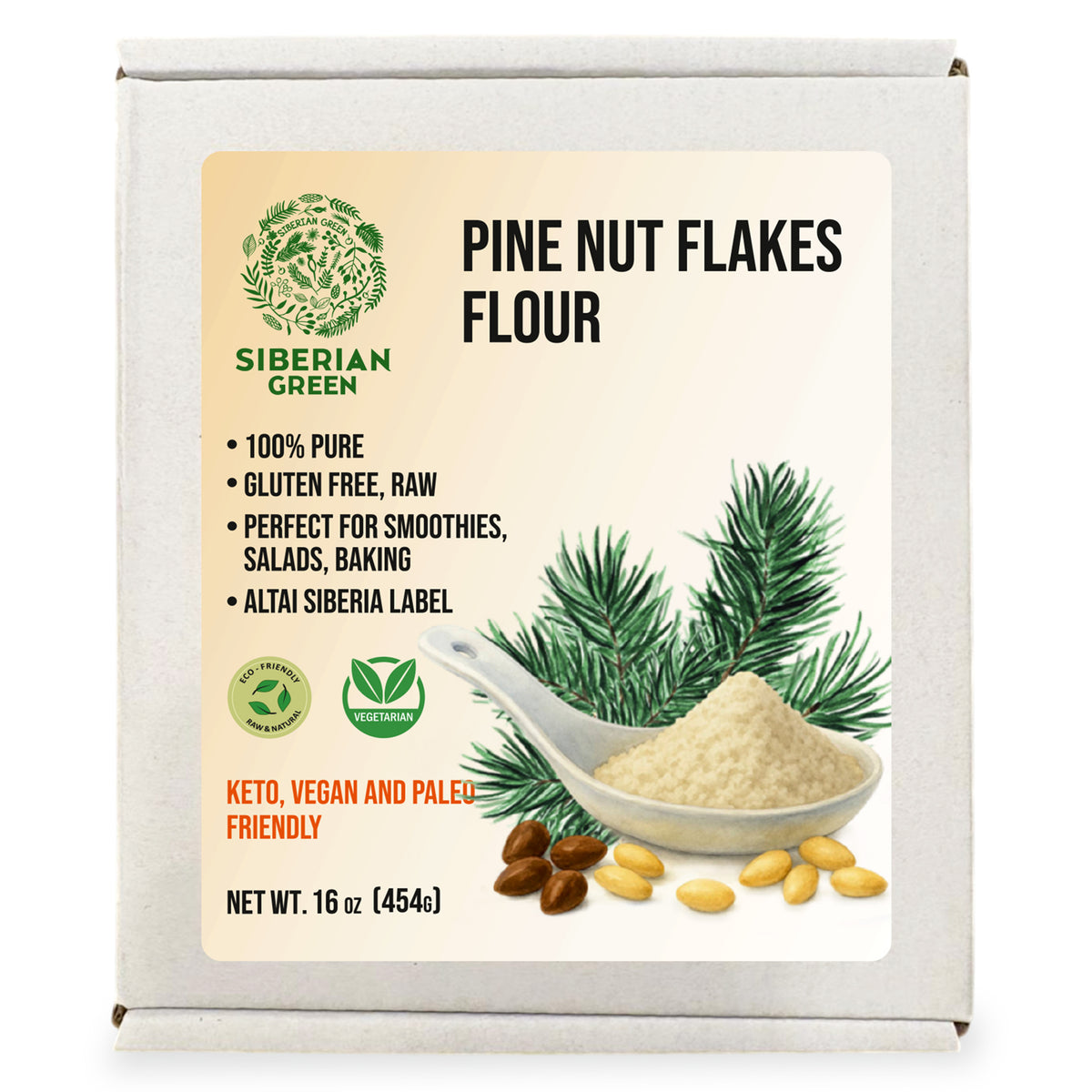 Farine de flocons de pignons de pin de Sibérie (noyau) en poudre 454 g (1 lb) biologique récoltée à l'état sauvage 100 % pure