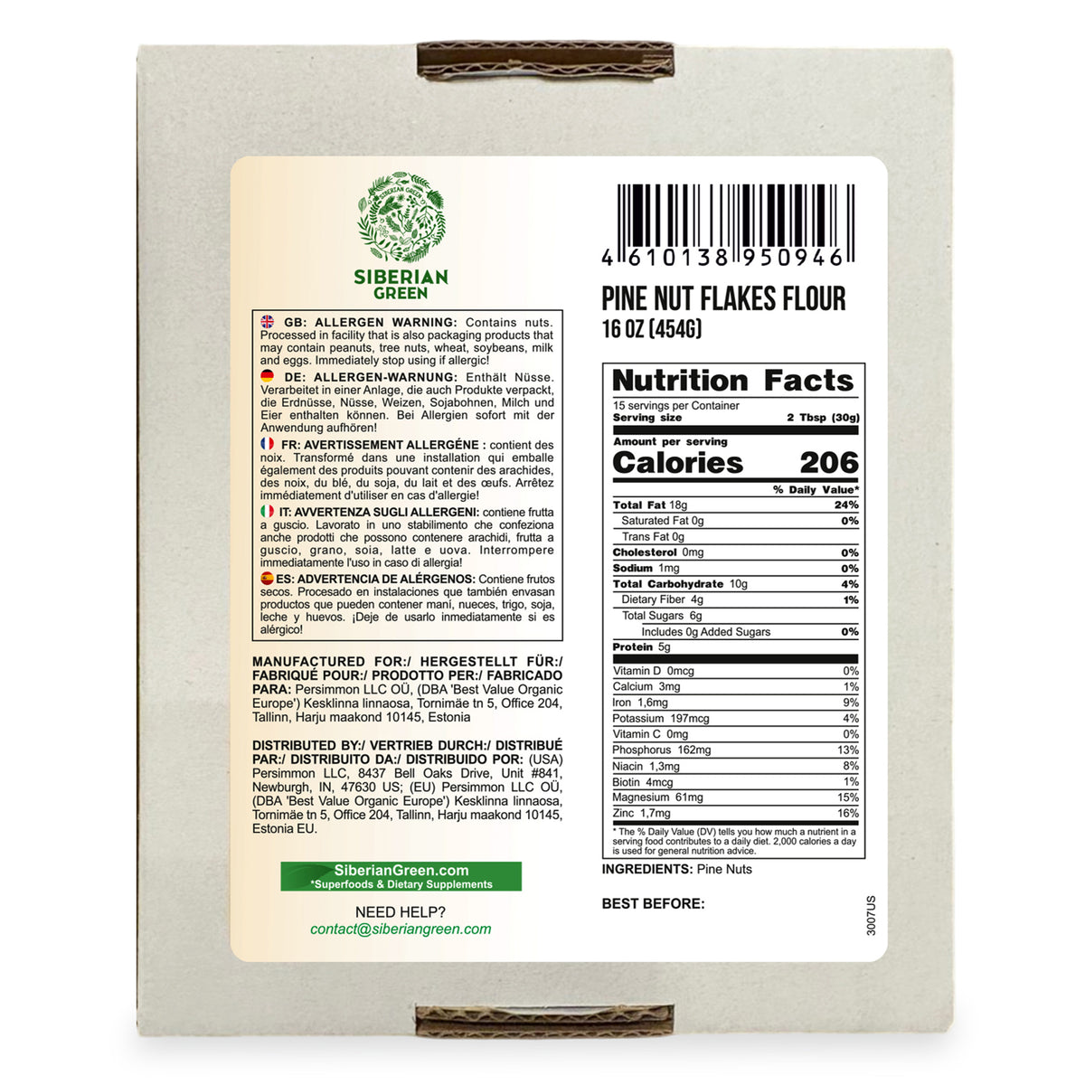 Farine de flocons de pignons de pin de Sibérie (noyau) en poudre 454 g (1 lb) biologique récoltée à l'état sauvage 100 % pure