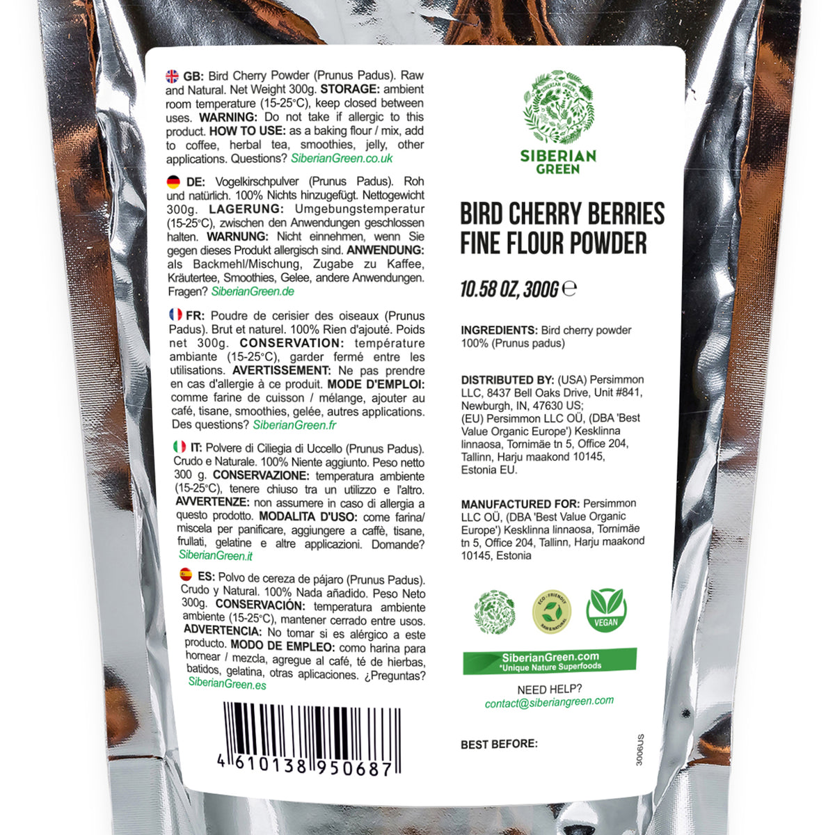 Poudre de cerise d'oiseau de Sibérie (farine) Sans gluten crue sauvage récoltée 300gr/10.58oz Région de l'Altaï