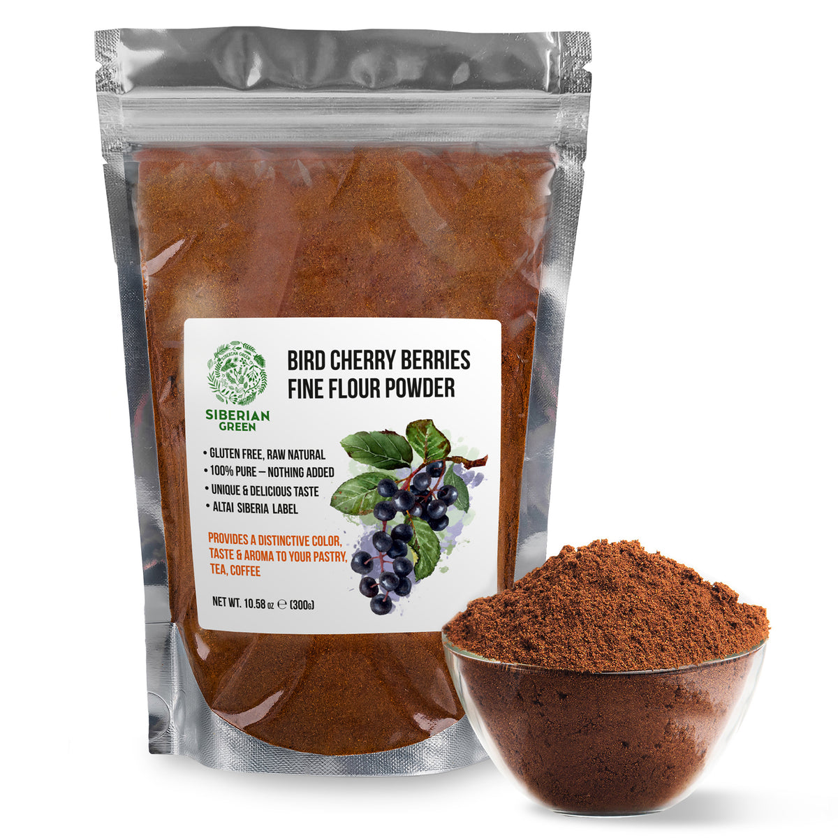 Poudre de cerise d'oiseau de Sibérie (farine) Sans gluten crue sauvage récoltée 300gr/10.58oz Région de l'Altaï