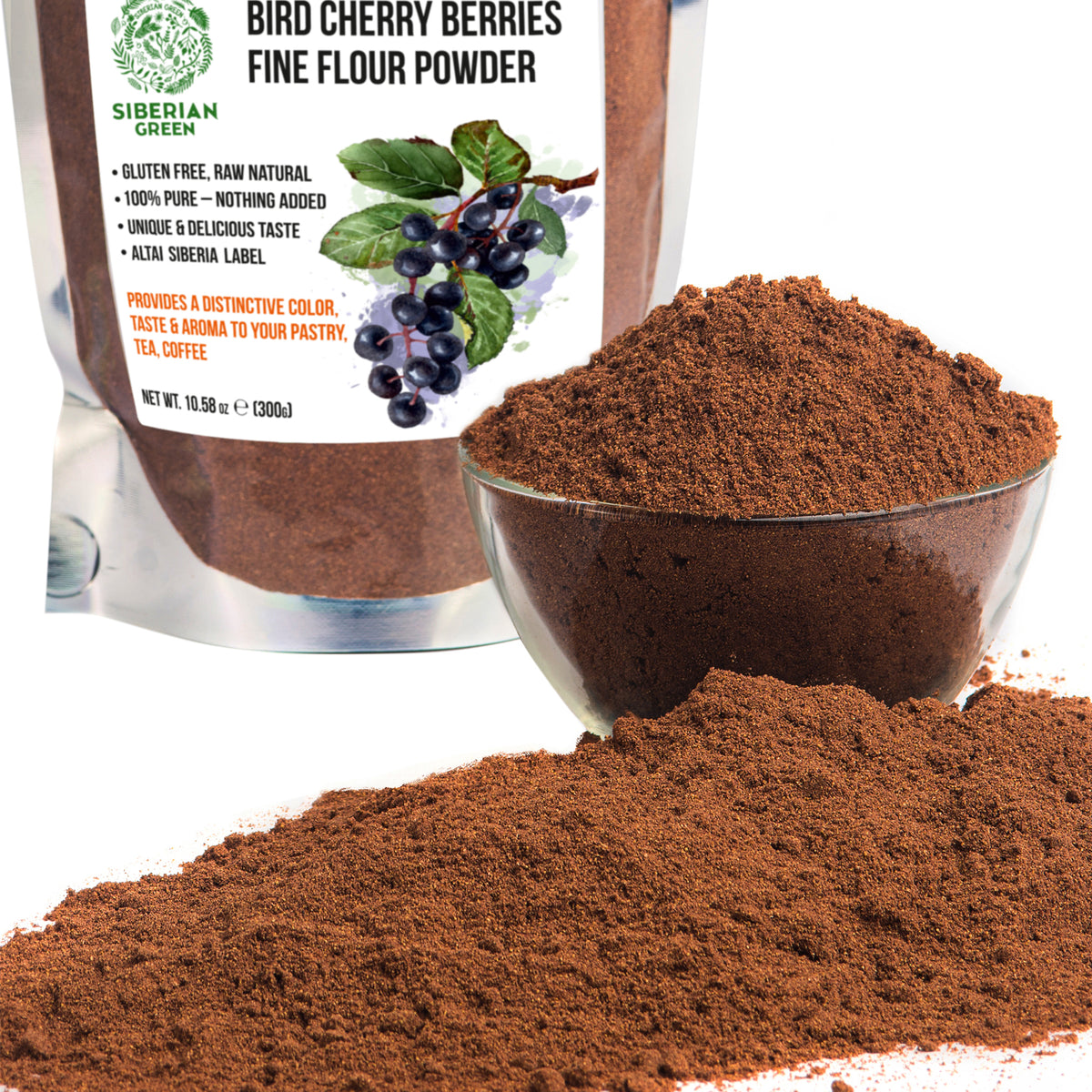 Poudre de cerise d'oiseau de Sibérie (farine) Sans gluten crue sauvage récoltée 300gr/10.58oz Région de l'Altaï