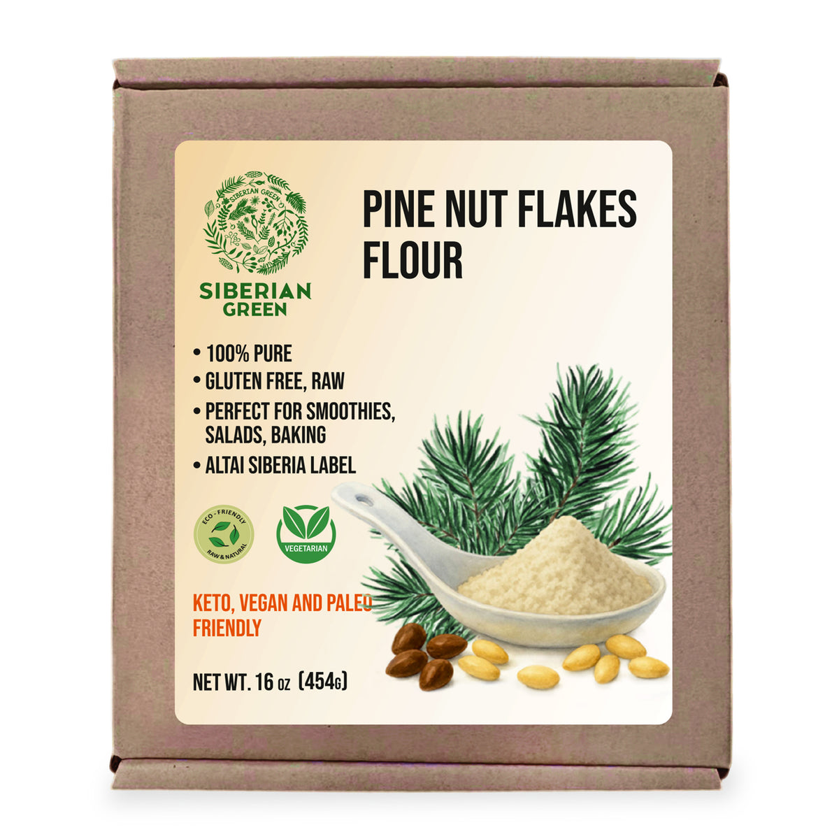 Farine de flocons de pignons de pin de Sibérie (noyau) en poudre 454 g (1 lb) biologique récoltée à l'état sauvage 100 % pure
