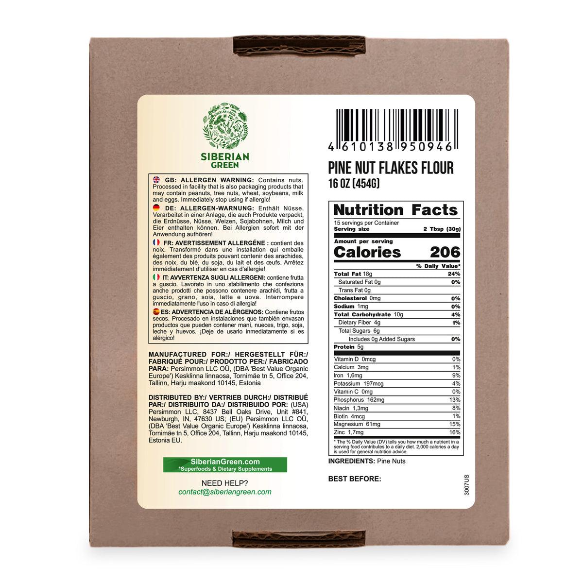 Farine de flocons de pignons de pin de Sibérie (noyau) en poudre 454 g (1 lb) biologique récoltée à l'état sauvage 100 % pure