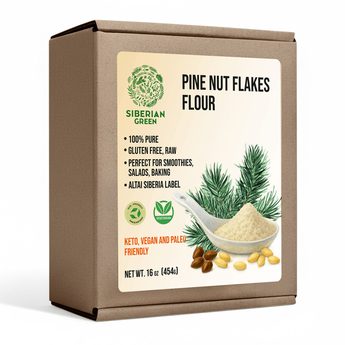 Farine de flocons de pignons de pin de Sibérie (noyau) en poudre 454 g (1 lb) biologique récoltée à l'état sauvage 100 % pure