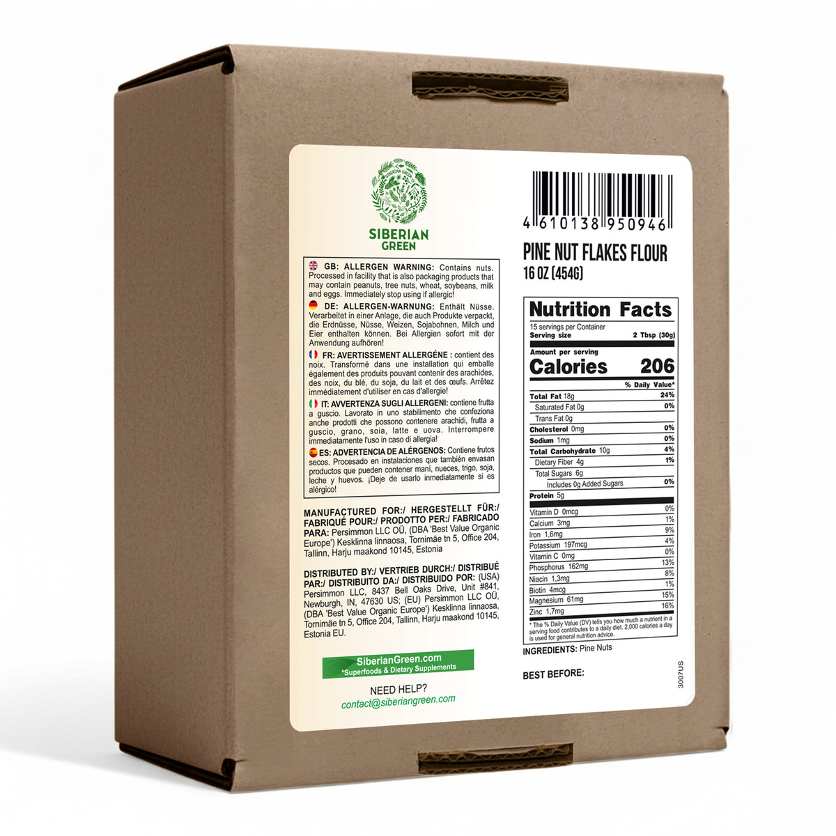 Farine de flocons de pignons de pin de Sibérie (noyau) en poudre 454 g (1 lb) biologique récoltée à l'état sauvage 100 % pure