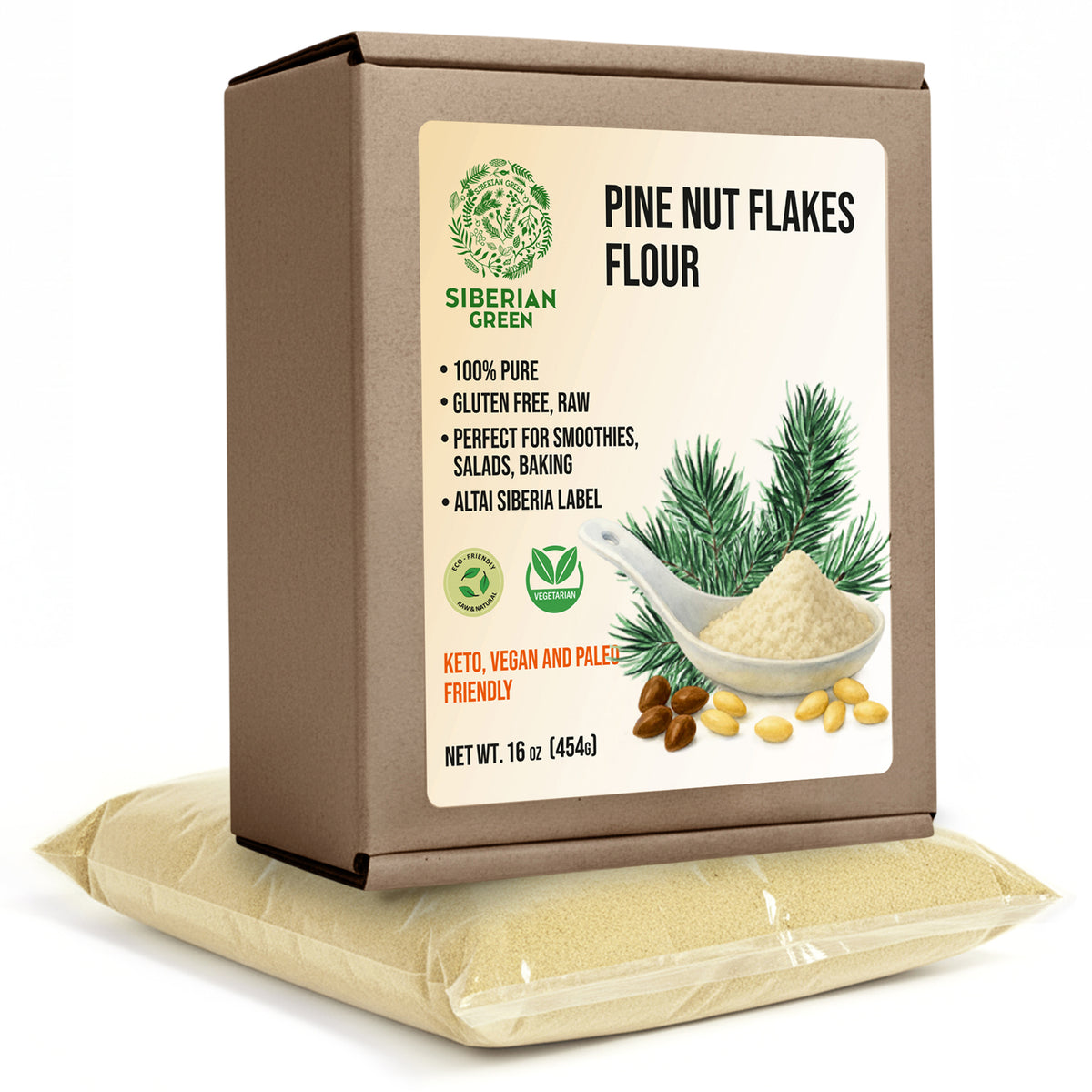 Farine de flocons de pignons de pin de Sibérie (noyau) en poudre 454 g (1 lb) biologique récoltée à l'état sauvage 100 % pure