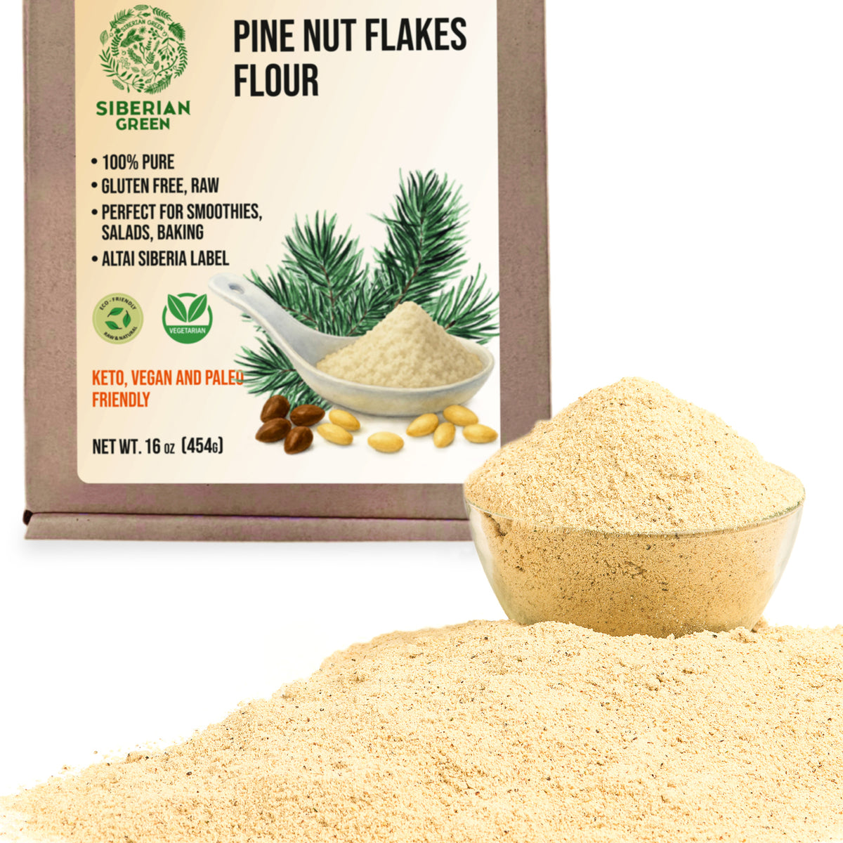 Farine de flocons de pignons de pin de Sibérie (noyau) en poudre 454 g (1 lb) biologique récoltée à l'état sauvage 100 % pure