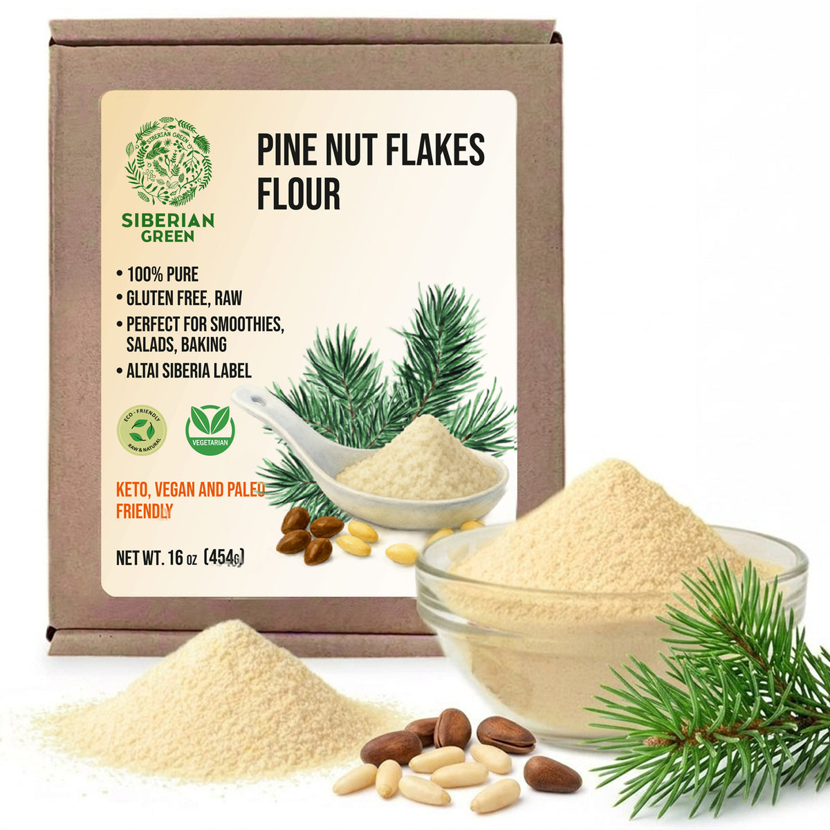 Farine de flocons de pignons de pin de Sibérie (noyau) en poudre 454 g (1 lb) biologique récoltée à l'état sauvage 100 % pure
