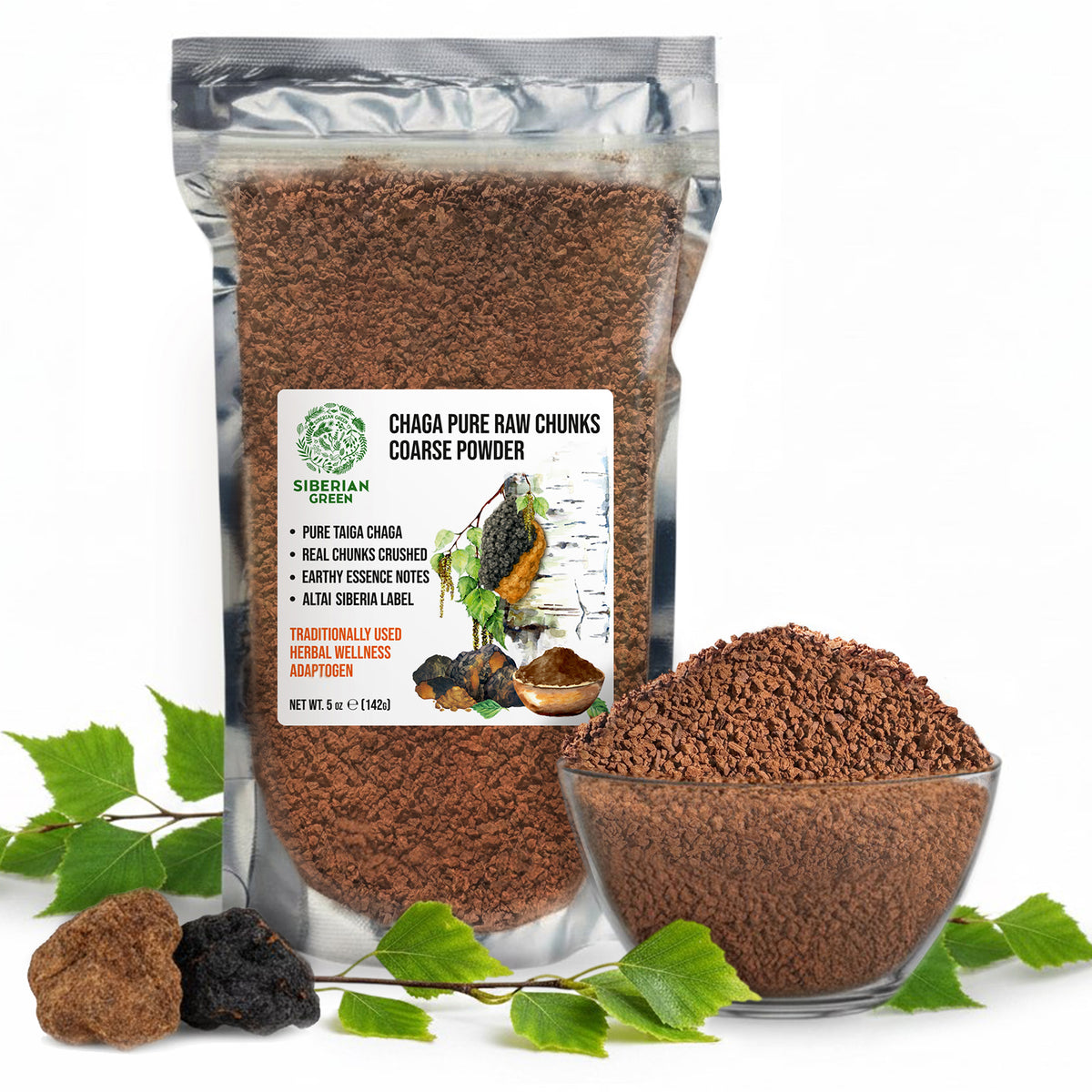 Siberian Green Chaga Mushroom Chunks and Coarse Powder – 142 g – Wildcrafted Superfood  for Daily Canadian Wellness and Natural Energy