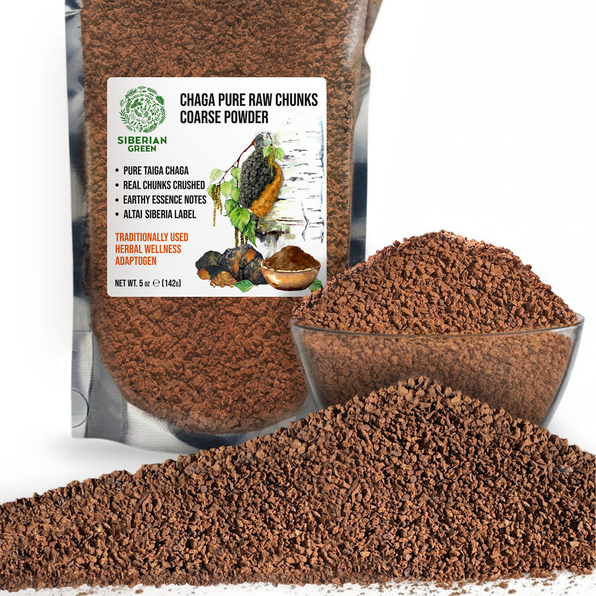 Siberian Green Chaga Mushroom Chunks and Coarse Powder – 142 g – Wildcrafted Superfood  for Daily Canadian Wellness and Natural Energy