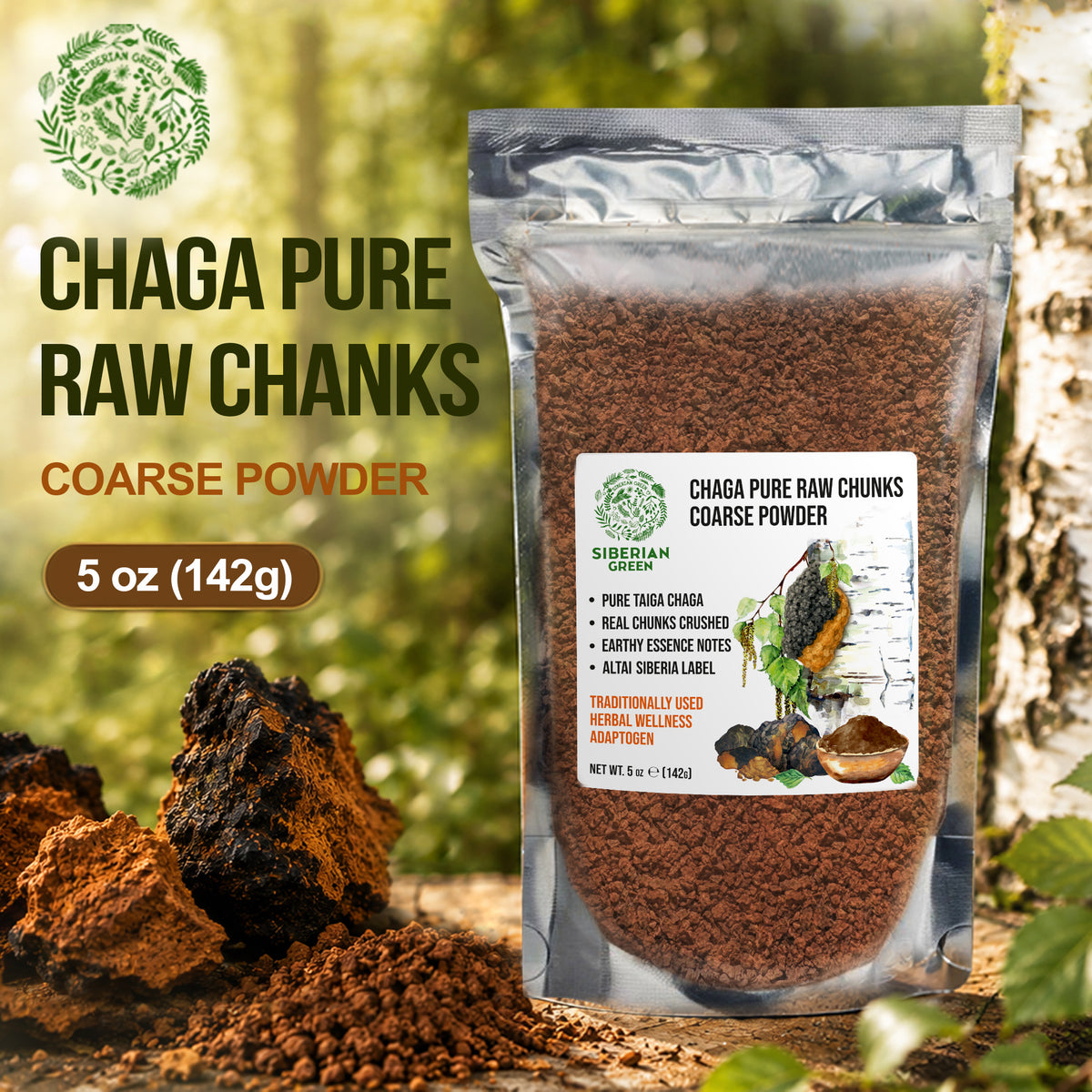 Siberian Green Chaga Mushroom Chunks and Coarse Powder – 142 g – Wildcrafted Superfood  for Daily Canadian Wellness and Natural Energy