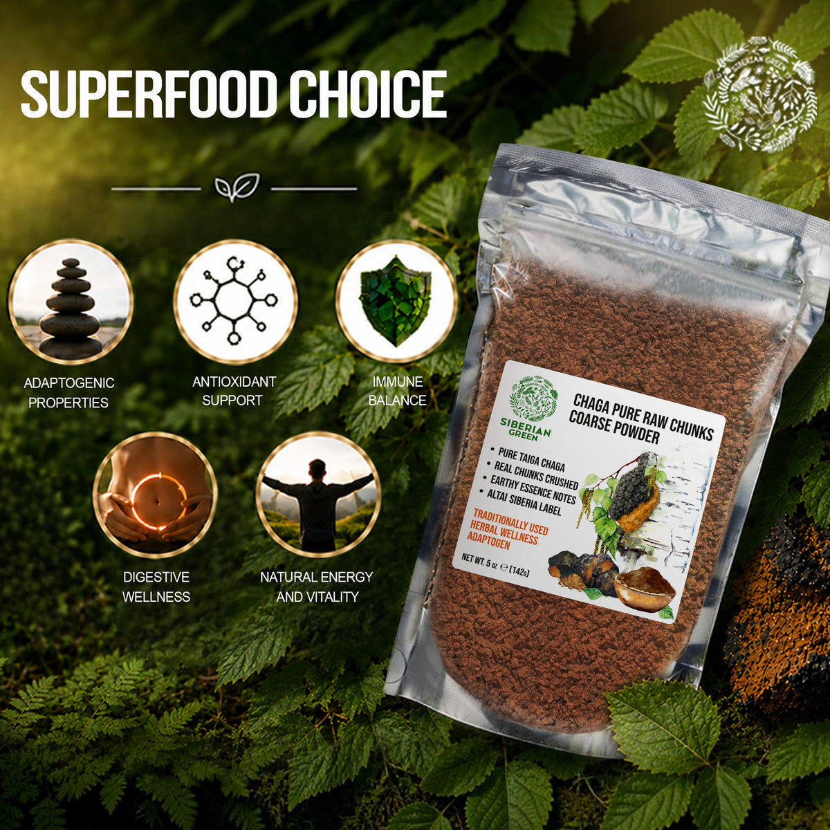 Siberian Green Chaga Mushroom Chunks and Coarse Powder – 142 g – Wildcrafted Superfood  for Daily Canadian Wellness and Natural Energy