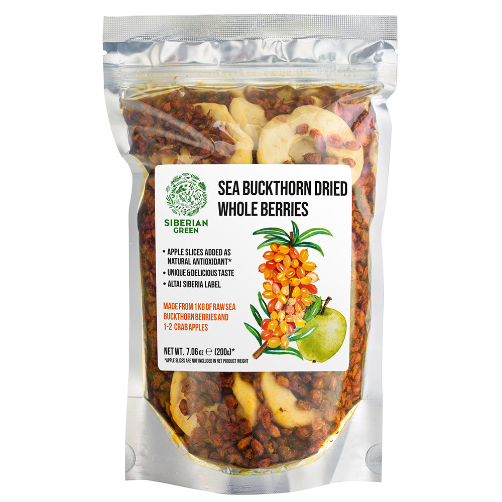Siberian Sea Buckthorn Dried Berries with Apple Slices – 200g | Organic, Authentic, and Nutritious