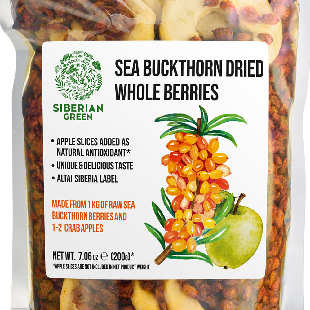 Siberian Sea Buckthorn Dried Berries with Apple Slices – 200g | Organic, Authentic, and Nutritious