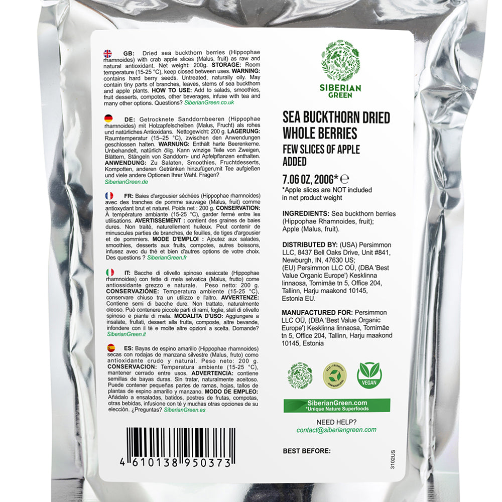 Siberian Sea Buckthorn Dried Berries with Apple Slices – 200g | Organic, Authentic, and Nutritious